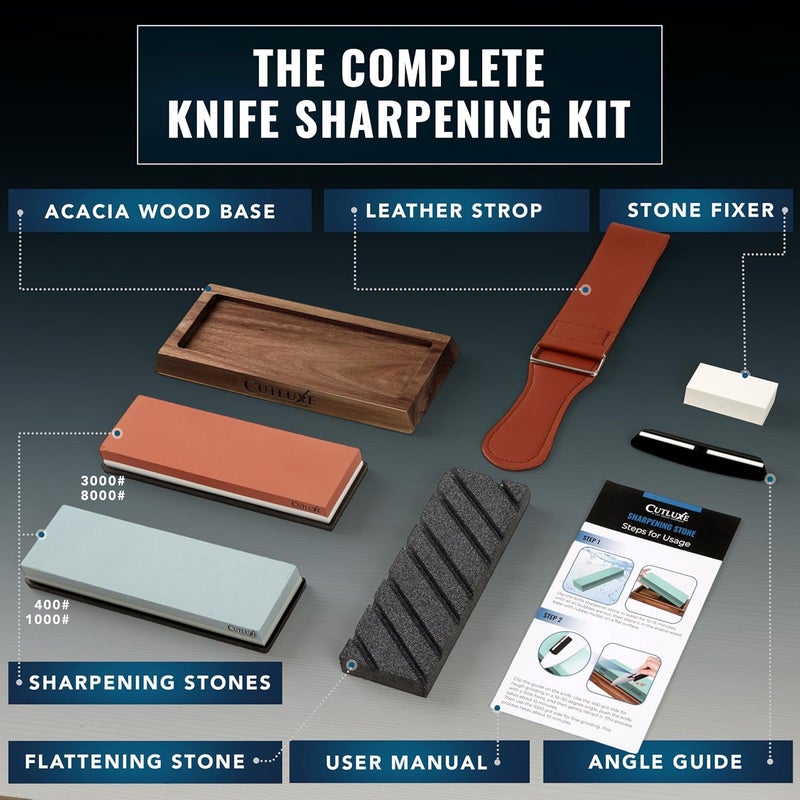 Cutluxe Whetstone Knife Sharpener – Sharpening Stone Kit, Professional 4 Side Grit 400/1000/3000/8000, Non Slip Acacia Wood Base, Angle Guide, Black Flattening Stone, Leather Strop - Image 3